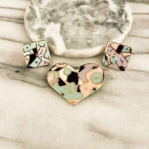 Vintage Cynthia Chuang Heart Brooch and Square Earrings Set Ceramic Unsigned